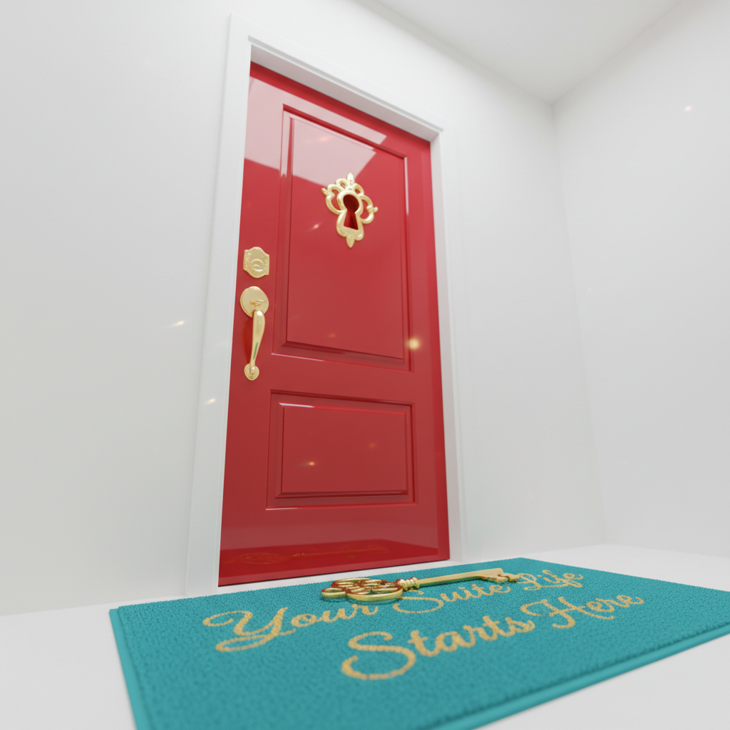 A whimsical door to a metaphorical life upgrade: a glossy, candy-apple red interior door with a polished brass handle and an oversized, ornate keyhole, set into a clean white wall. At the base of the door, a gleaming brass key lies on a vibrant teal doormat embossed with the phrase “Your Suite Life Starts Here.” Soft, diffused daylight illuminates the scene from above, creating a gentle vignette of brightness around the door and subtle reflections on the brass. Photographic realism, shot from a slightly low angle to give the door a sense of importance, with a narrow depth of field that keeps the key and mat sharply in focus while the upper wall softly blurs. The mood is playful, inviting, and full of possibility.