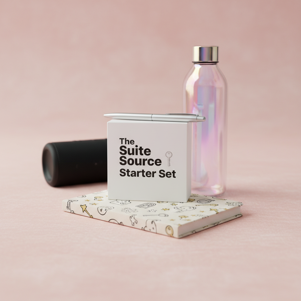 A stylish lifestyle “upgrade kit” spread across a soft blush-pink background: a matte black Bluetooth speaker, a glass water bottle with an iridescent gradient, a sleek silver pen, a compact travel journal with playful doodle-style icons of keys, stars, and doors, and a small square box labeled “The Suite Source Starter Set” in bold, modern typography. Diffused studio lighting from both sides eliminates harsh shadows while creating a gentle, even sheen on metallic and glass surfaces. Photographic realism, centered composition with a slight diagonal arrangement for movement, shallow depth of field keeping the box and journal crisp while the outer items blur slightly. The mood is fun, aspirational, and giftable, suggesting a curated bundle to help upgrade daily routines.