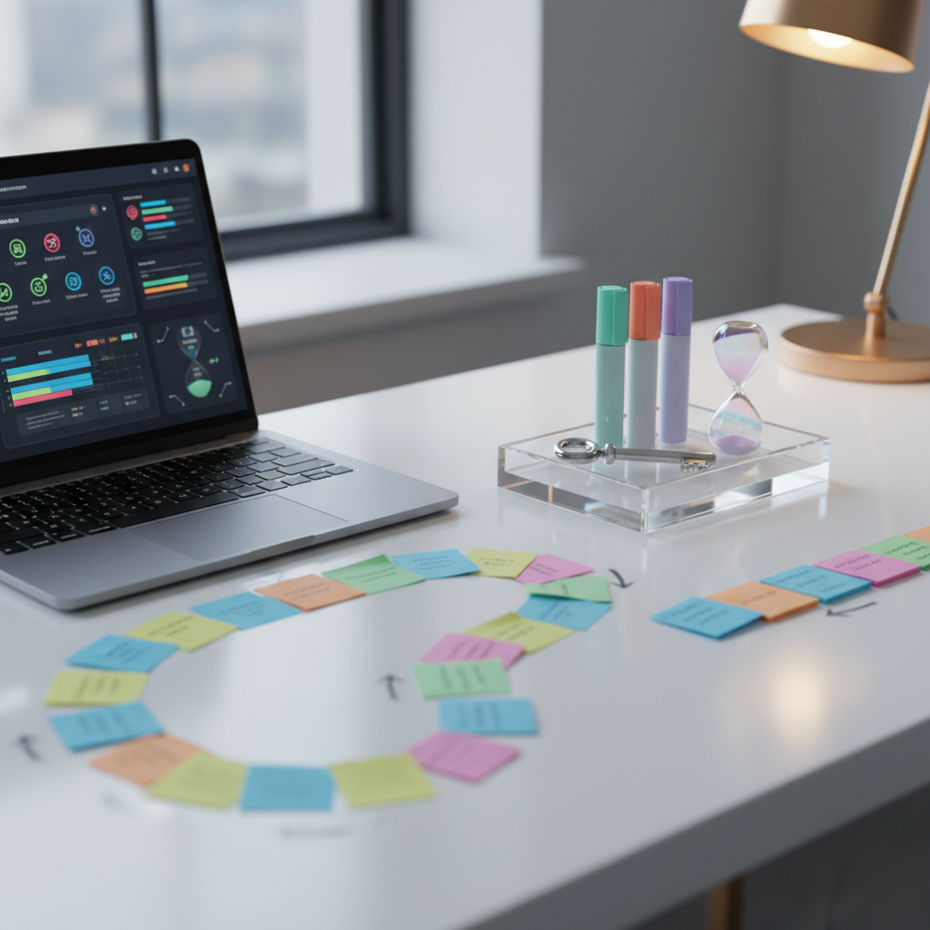 A polished white workspace that feels like mission control for leveling up life: a slim silver laptop open to a vibrant dashboard, surrounded by color-coded sticky notes forming a playful, curved path like a game board. At the center sits a clear acrylic tray holding a chrome key-shaped paperweight, glossy pastel highlighters, and a tiny crystal hourglass. Cool daylight from a nearby window reflects off the smooth desktop, while a single warm desk lamp adds a cozy accent glow on the right. Photographic realism, shot from a slightly elevated angle using the rule of thirds, with the tray in sharp focus and the laptop softly blurred, creating an energetic, organized, and optimistic mood.