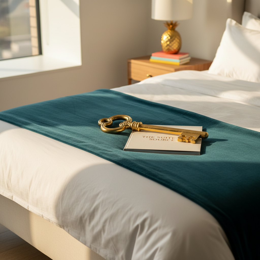 A luxurious yet playful “suite” inspired vignette: an elegantly made bed with crisp white linens and a plush teal velvet throw arranged in a gentle wave, centered in a bright modern room. On the bed sits a glossy, oversized golden key resting atop a folded lifestyle guidebook titled “The Suite Source” in embossed lettering. Sunlight from a large unseen window bathes the scene in soft, golden-hour glow, casting long, inviting shadows. The background features a blurred nightstand with a quirky pineapple-shaped lamp and a small stack of colorful notebooks. Photographic realism, eye-level composition with a shallow depth of field, creating an atmosphere of elevated comfort and fun sophistication.