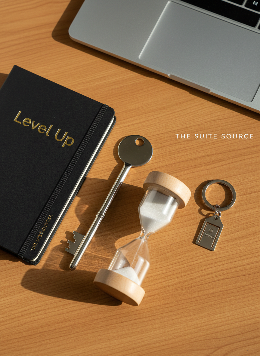 A neatly arranged flat lay of lifestyle “upgrade” essentials on a warm, honey-toned wooden desk: a sleek charcoal notebook with gold-foil “Level Up” on the cover, a glossy metallic key-shaped bookmark, a minimalist sand timer with fine white sand, and a polished chrome keyring with a tiny engraved suite door charm. Soft morning sunlight pours in from the left, creating gentle highlights on the metallic surfaces and subtle shadows between objects. The background is clean and uncluttered, with a blurred hint of a laptop edge at the top. Photographic realism, shot from a true overhead perspective with sharp focus throughout, conveying a playful yet aspirational mood that suggests The Suite Source is the key to upgrading everyday life.