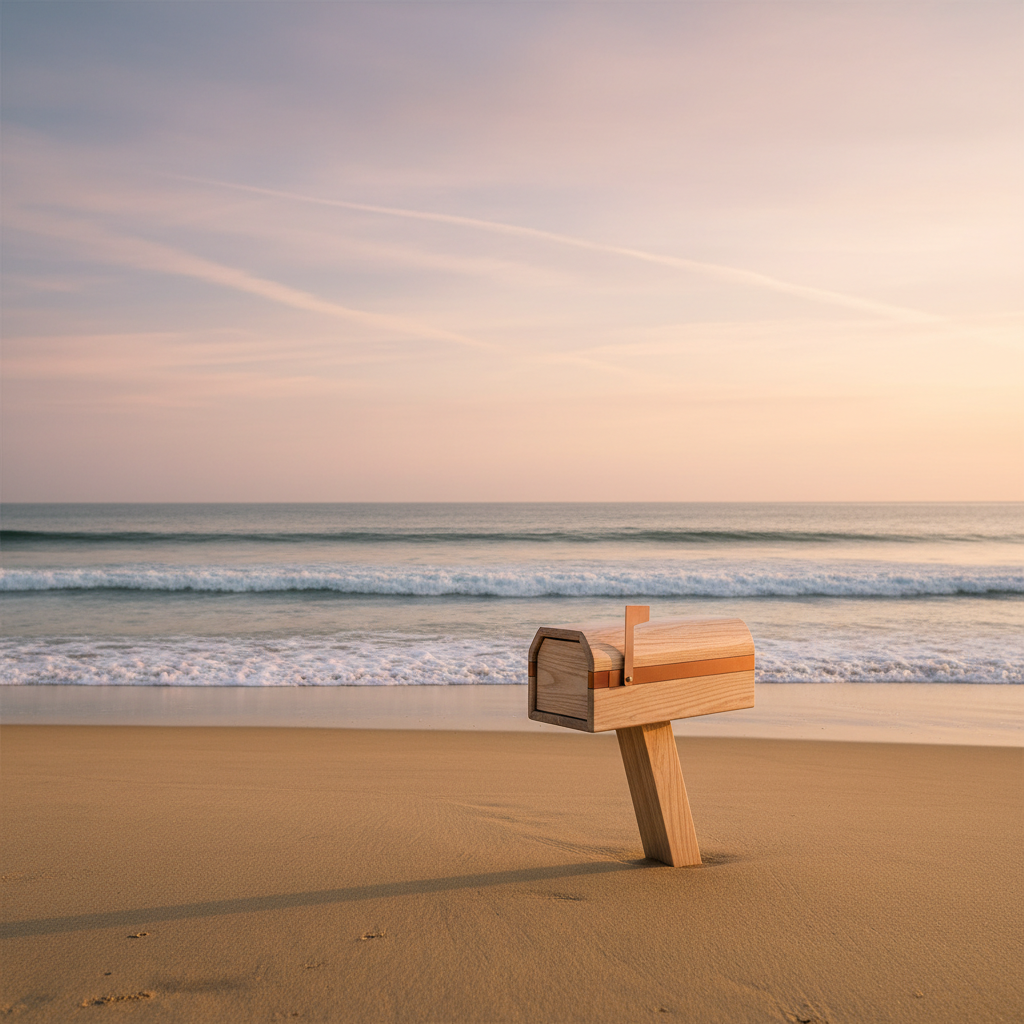 A serene sandy beach at golden hour with a single charming mailbox in the sand, soft waves in the background, pastel sky, and a minimal, modern aesthetic that feels calm, elevated, and stylish.