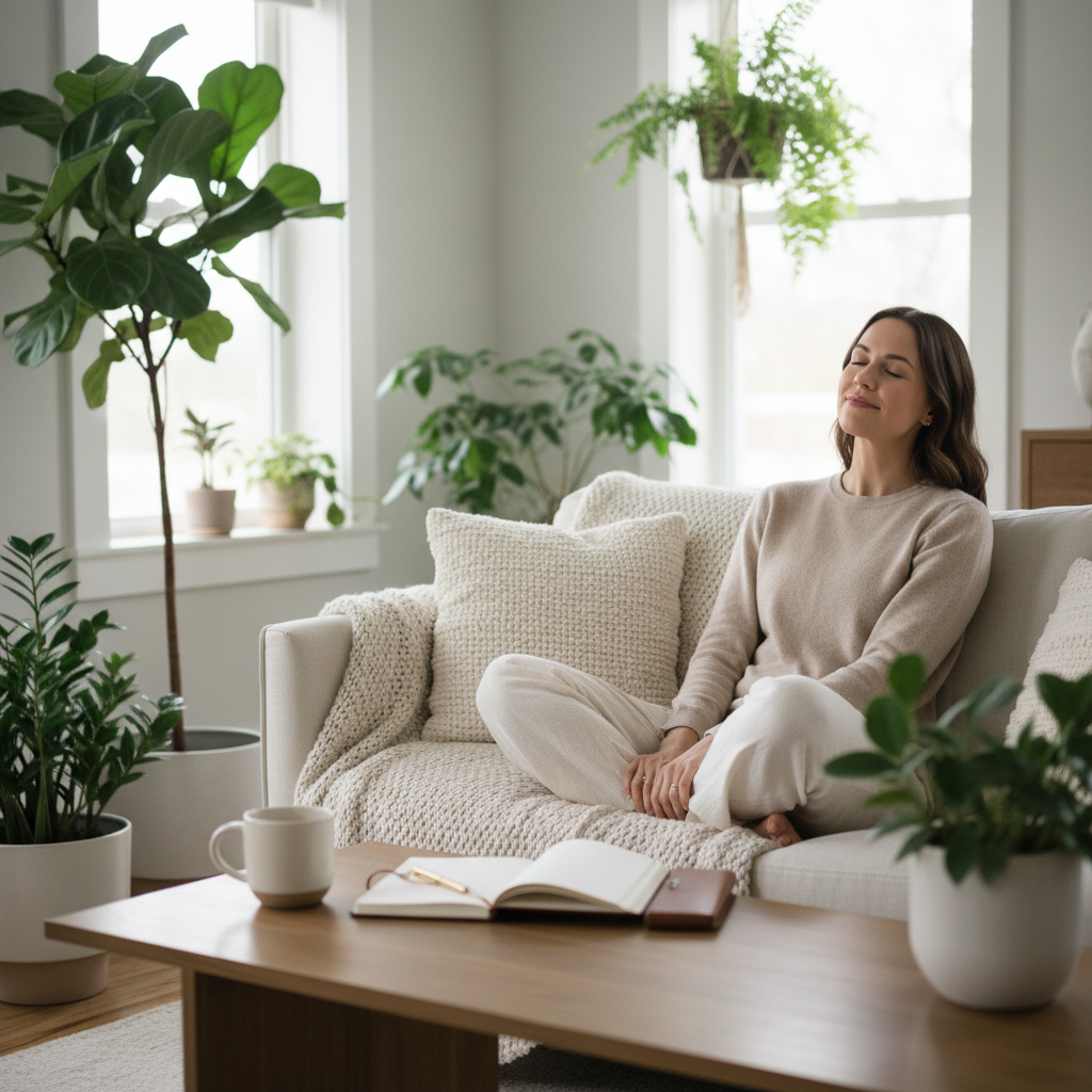 A calm, aspirational wellness scene representing a 'dream life' — cozy modern living room with soft natural light, plants, a journal and coffee on a minimal table, and a woman relaxing peacefully, lifestyle editorial style, soft neutral tones