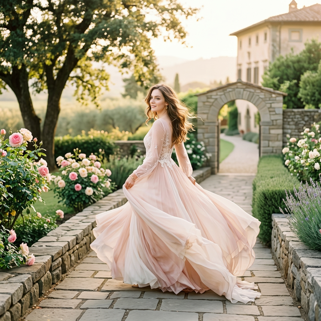 Woman in a flowing blush gown twirling on a stone garden path surrounded by flowers