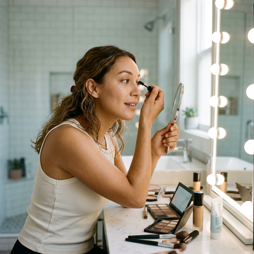 Woman applying mascara holding a handheld mirror at bathroom vanity with makeup products