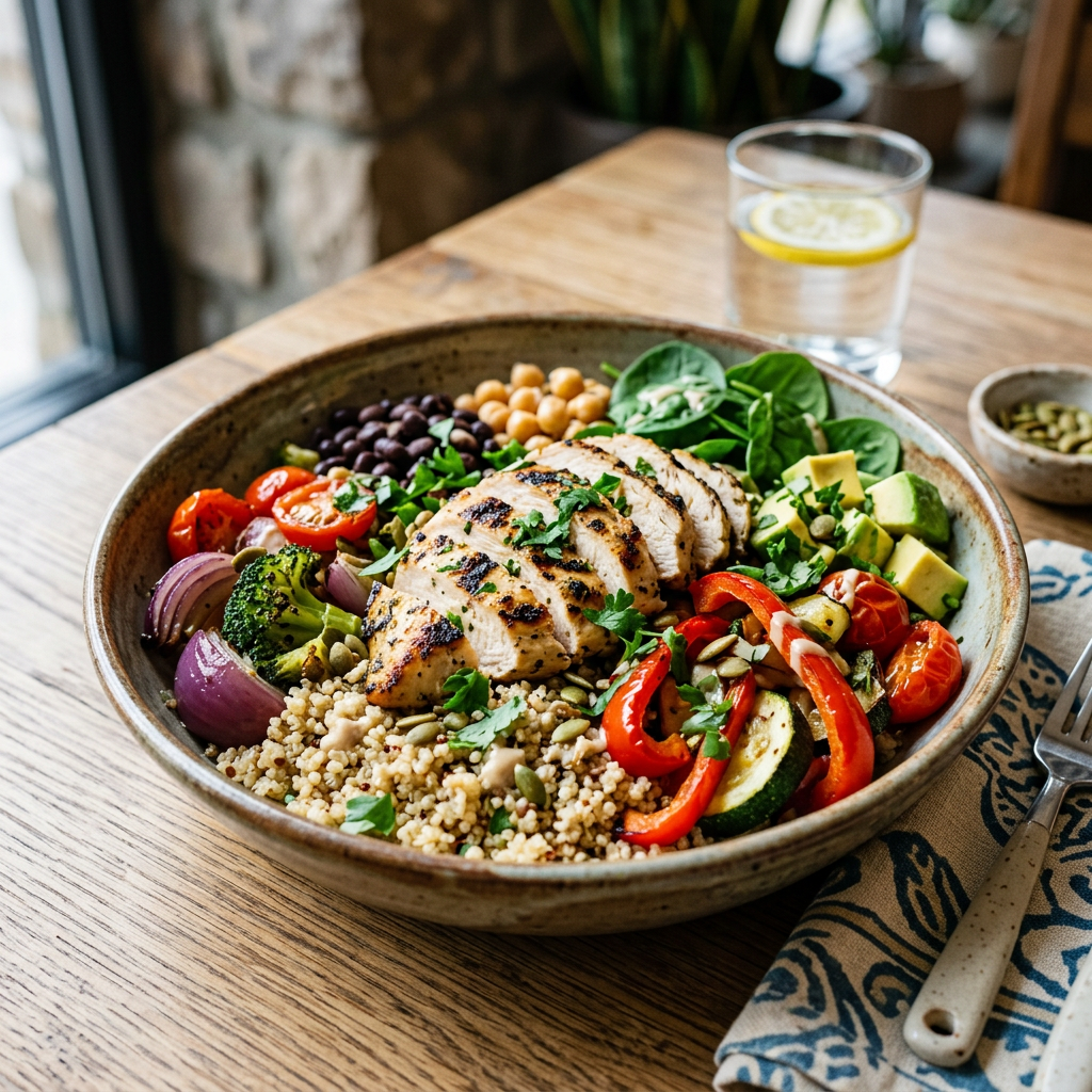 Grilled chicken grain bowl with vegetables, legumes, greens, and avocado